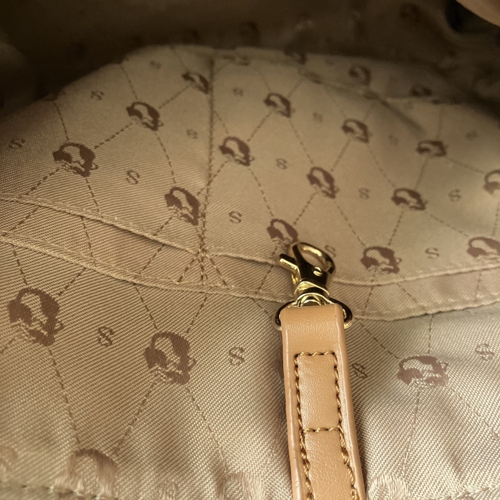 Spartina 449 Black Leather Tote Brown Handles Gold Zippers Plaid Accent 2 handle - Picture 5 of 10